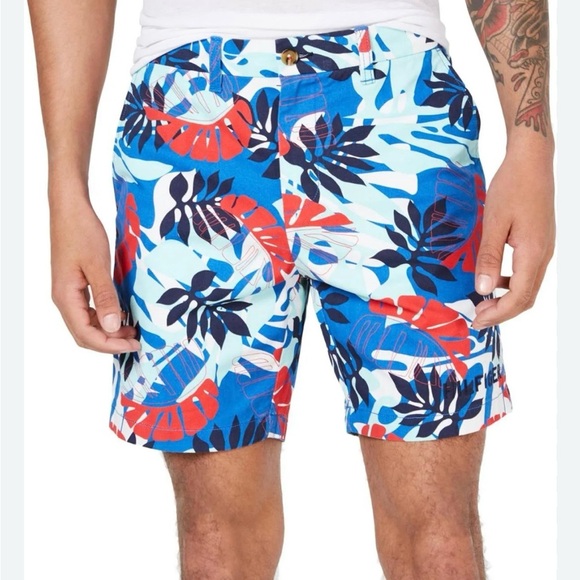 Tommy Hilfiger Mens Marcus 7" High Rise Chino Shorts Hawaiian print Mens L NEW - Picture 1 of 11